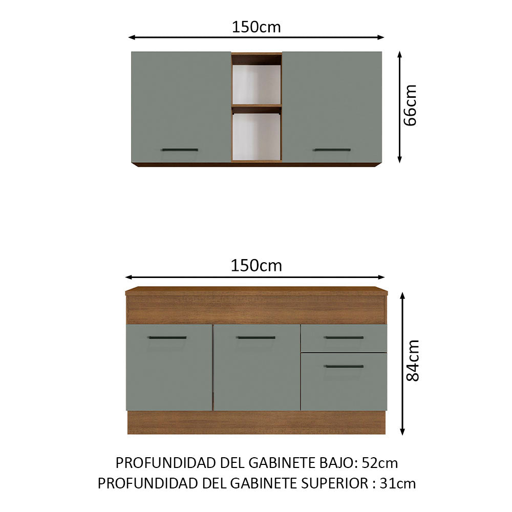 Cocina Compacta 150 cm 4 Puertas 2 Cajones Marrón/Gris Agata Madesa