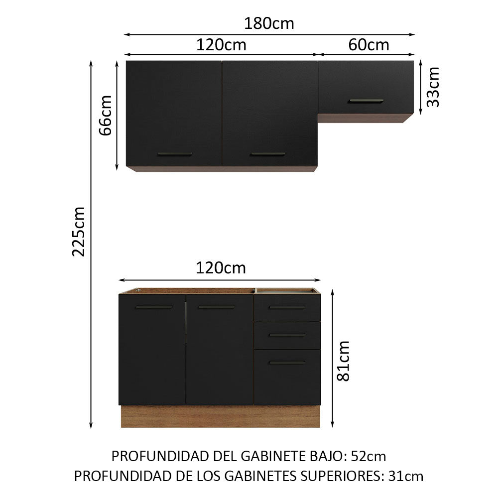 Cocina Compacta 180 cm 5 Puertas 3 Cajones Sin Mesada Marrón/Negro Agata Madesa