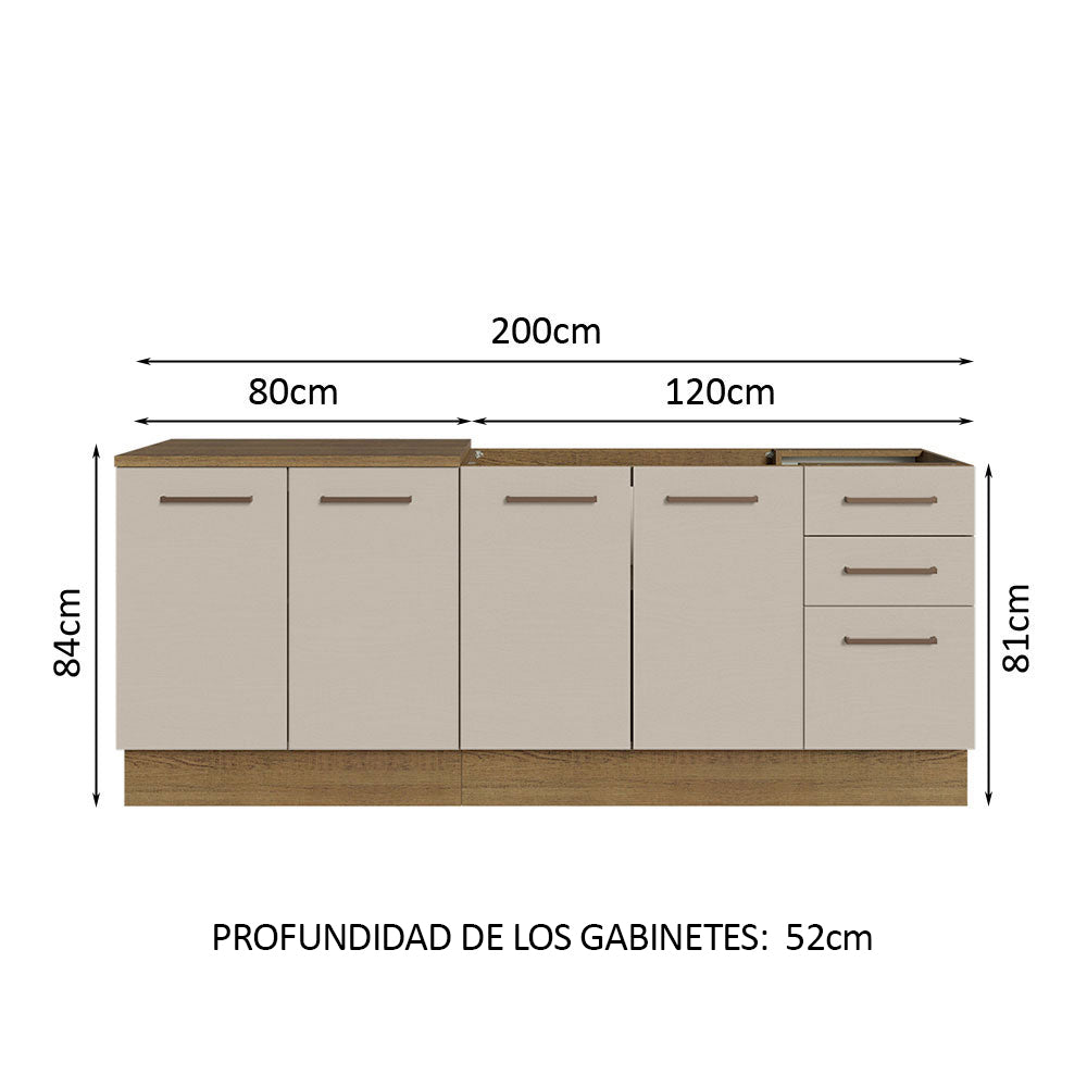 Kit Con 2 Bajo Mesada de Cocina 3 Cajones y 4 Puertas (Sin Tapa Ni Bacha de acero inoxidable) Marrón/Crema Agata Madesa