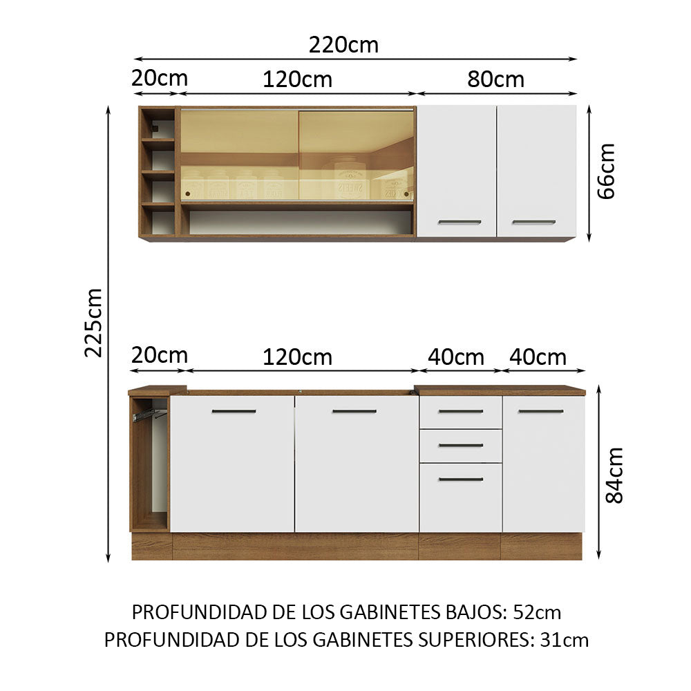 Kit Completo de Cocina 220 cm 7 Puertas 3 Cajones Sin Mesada Marrón/Blanco Agata Madesa