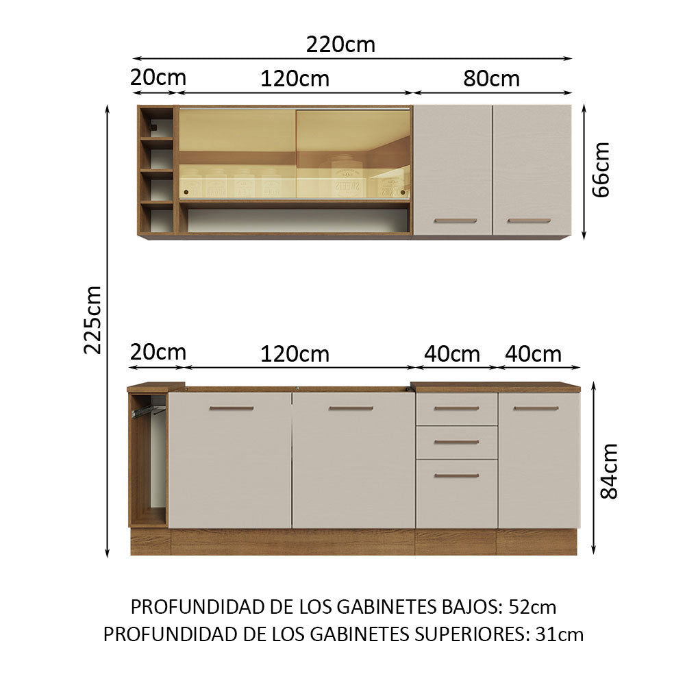 Kit Completo de Cocina 220 cm 7 Puertas 3 Cajones Sin Mesada Marrón/Crema Agata Madesa