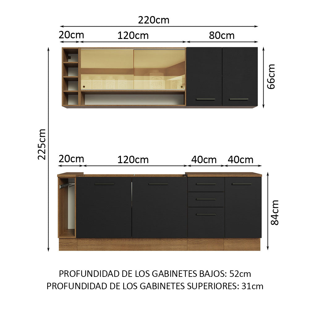 Kit Completo de Cocina 220 cm 7 Puertas 3 Cajones Sin Mesada Marrón/Negro Agata Madesa