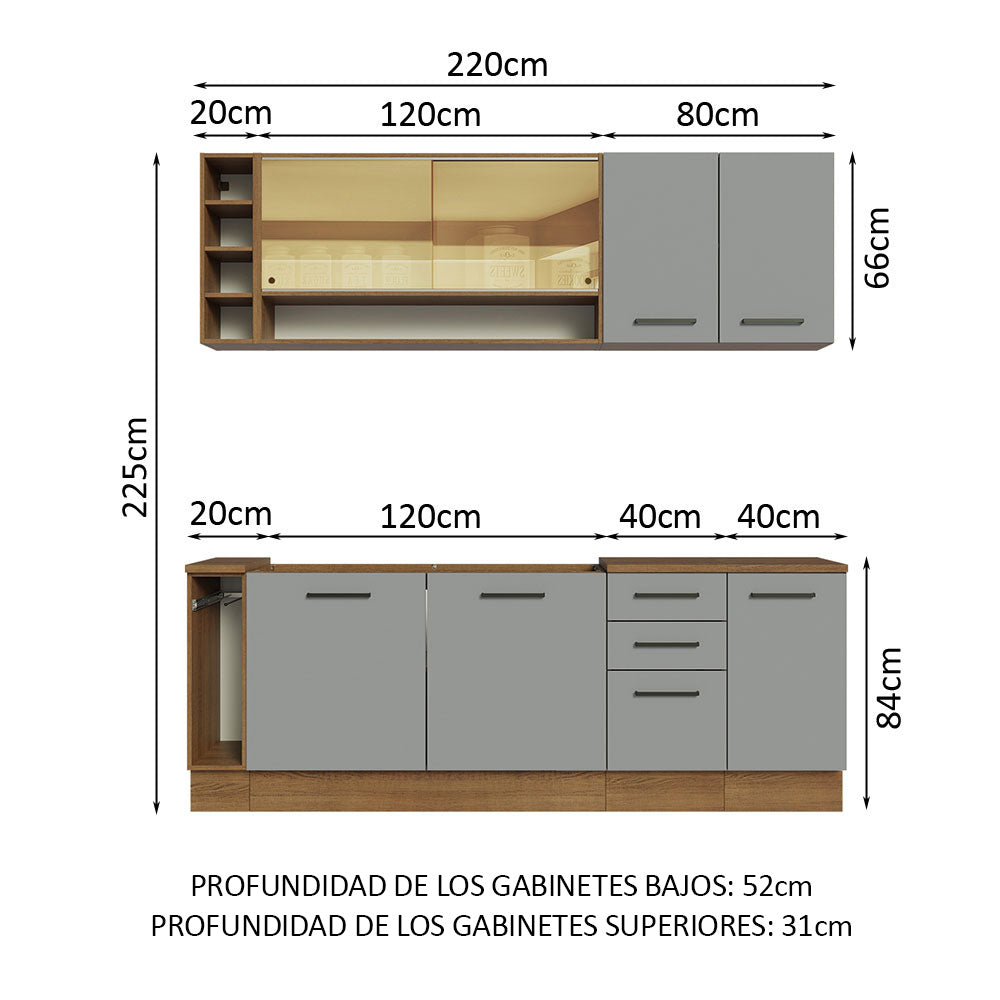Kit Completo de Cocina 220 cm 7 Puertas 3 Cajones Sin Mesada Marrón/Gris Agata Madesa