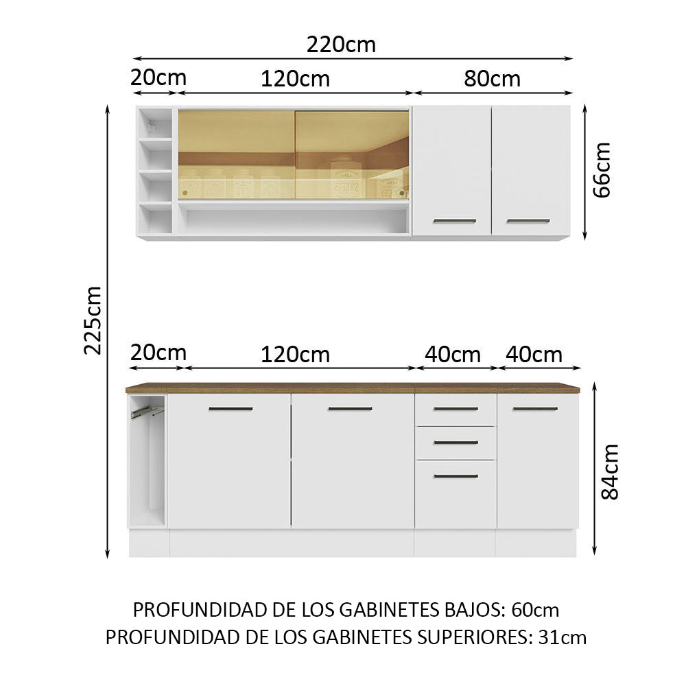 Combo completo de Cocina Madesa Agata 220 cm x 60 cm de fondo - Con Mesada Blanco 02