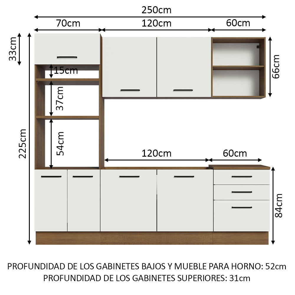 Combo completo de Cocina Agata 250 cm 7 Puertas 3 Cajones (Sin Mesada) Marrón/Blanco Madesa