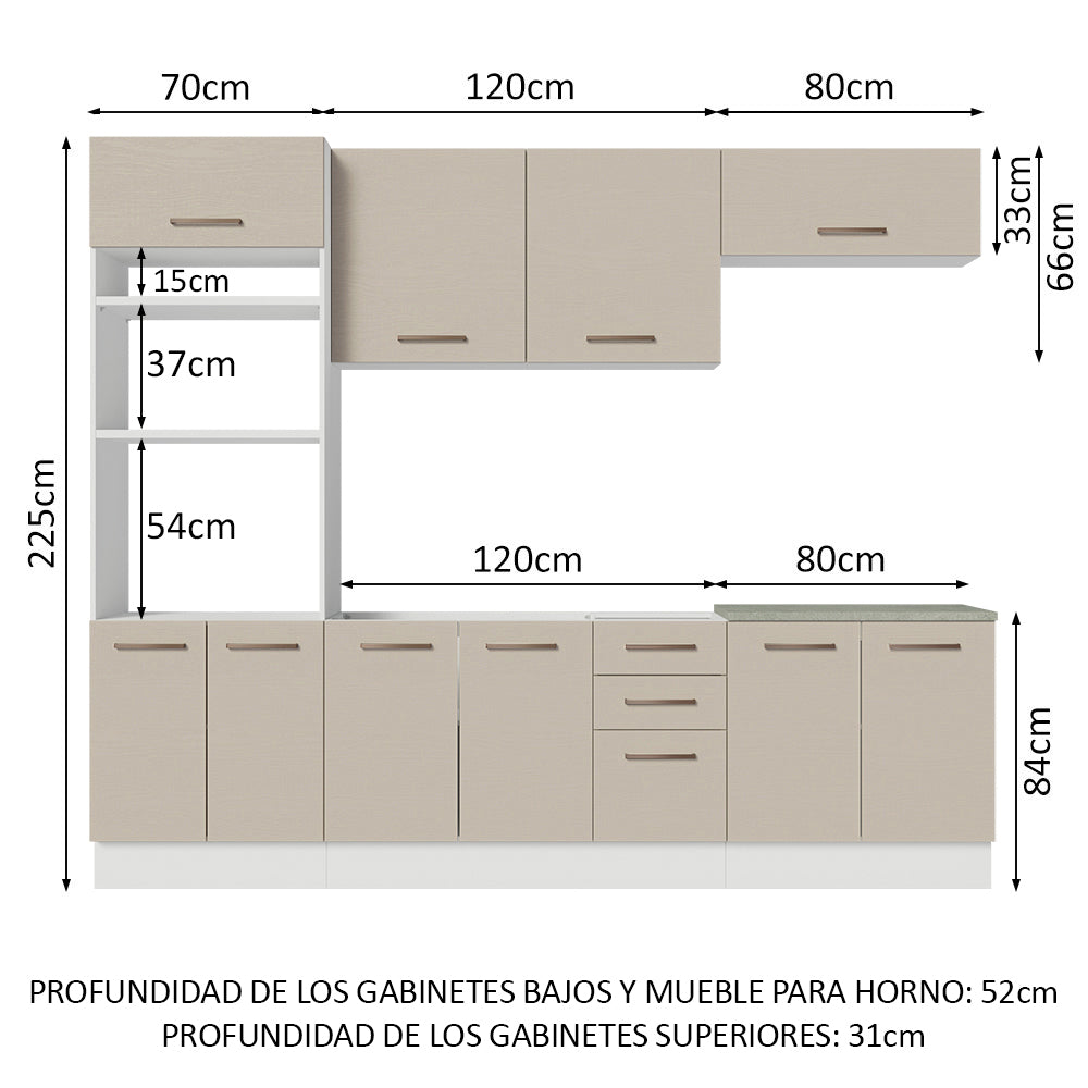 Combo completo de Cocina 270 cm 10 Puertas 3 Cajones Sin Mesada Blanco/Crema Agata Madesa