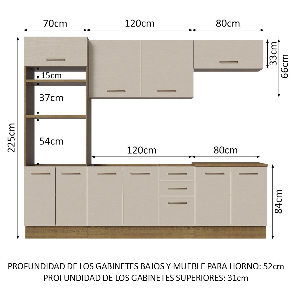Combo completo de Cocina 270 cm 10 Puertas 3 Cajones Sin Mesada Marrón/Crema Agata Madesa
