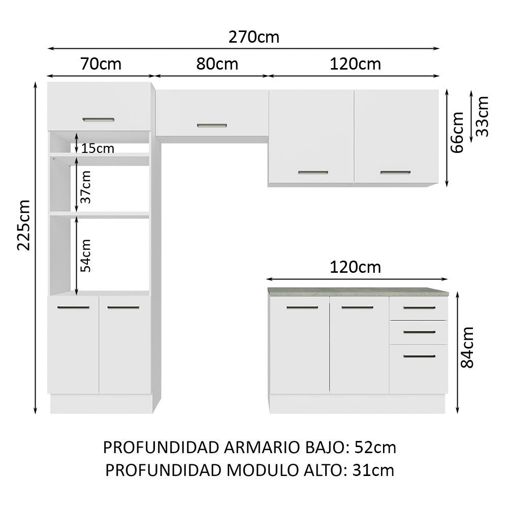 Combo completo de Cocina 270 cm 8 Puertas 3 Cajones Sin Mesada Blanco Agata Madesa 07