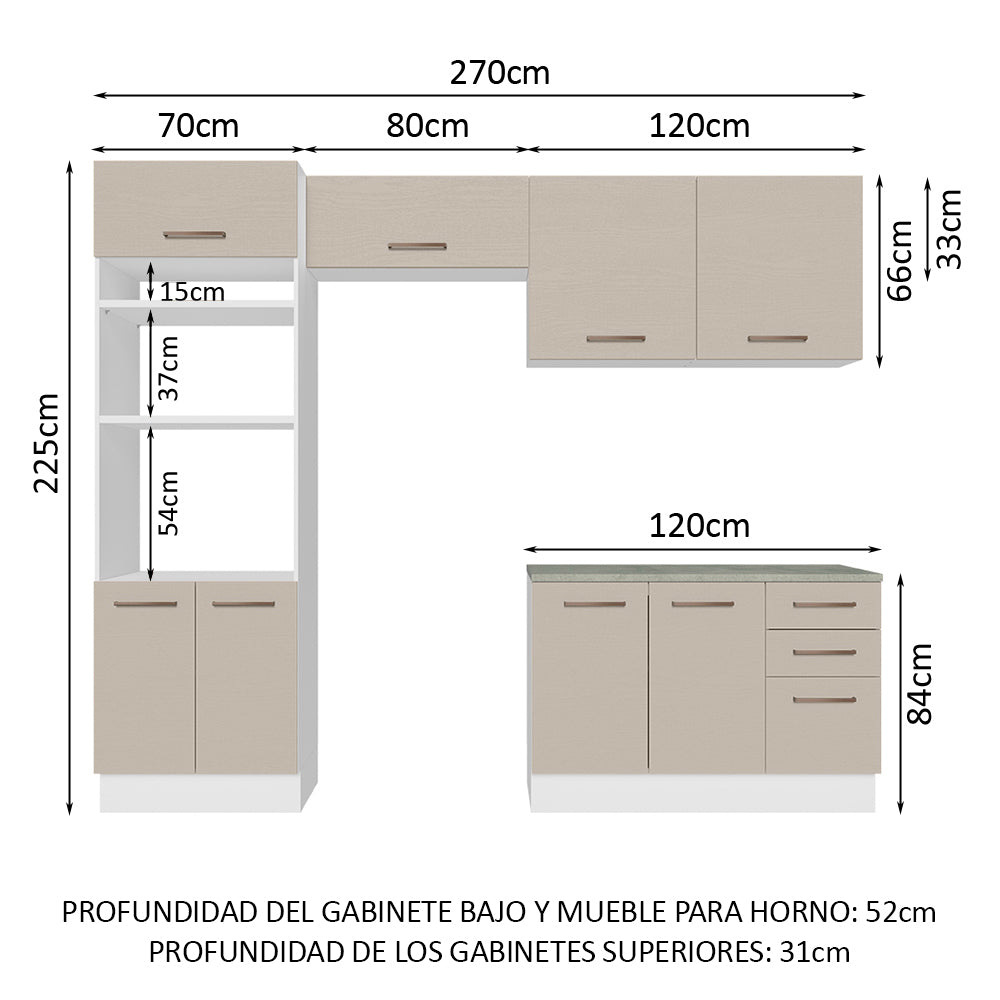 Combo completo de Cocina 270 cm 8 Puertas 3 Cajones Sin Mesada Blanco/Crema Agata Madesa 07