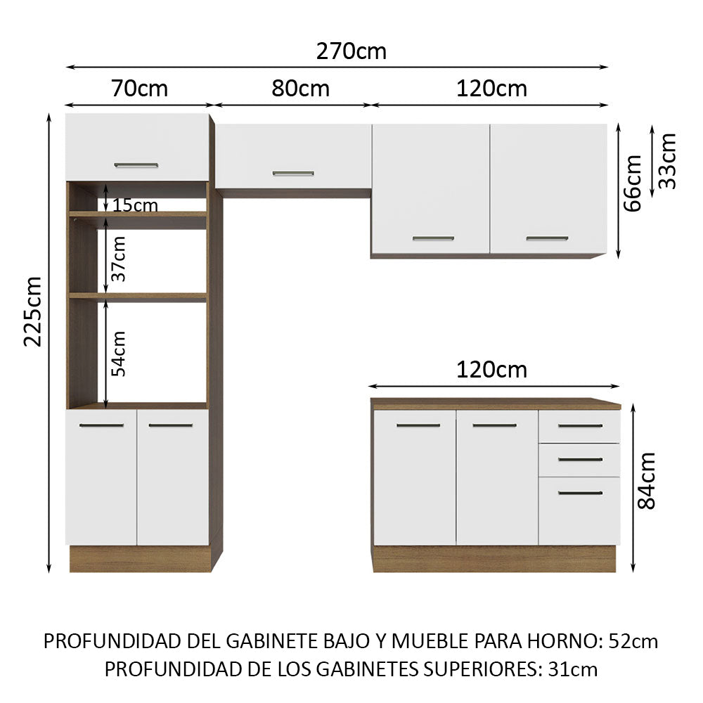 Combo completo de Cocina 270 cm 8 Puertas 3 Cajones Sin Mesada Marrón/Blanco Agata Madesa 07