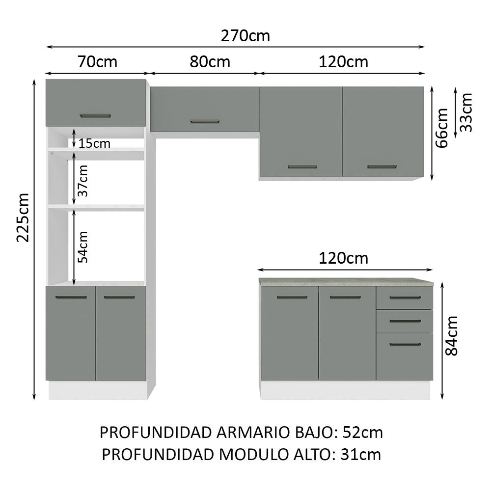 Combo completo de Cocina 270 cm 8 Puertas 3 Cajones Sin Mesada Blanco/Gris Agata Madesa 07