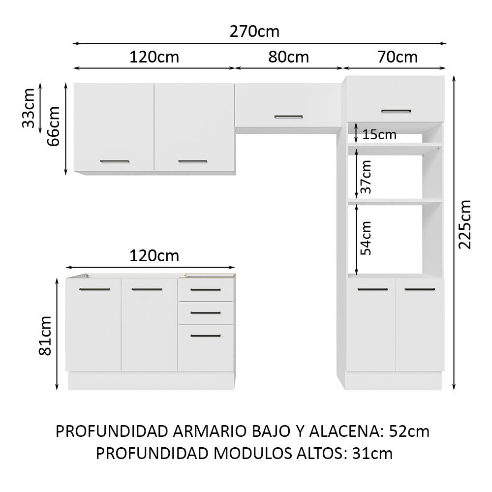 Combo completo de Cocina 270 cm 8 Puertas 3 Cajones Sin Mesada Blanco Agata Madesa 08