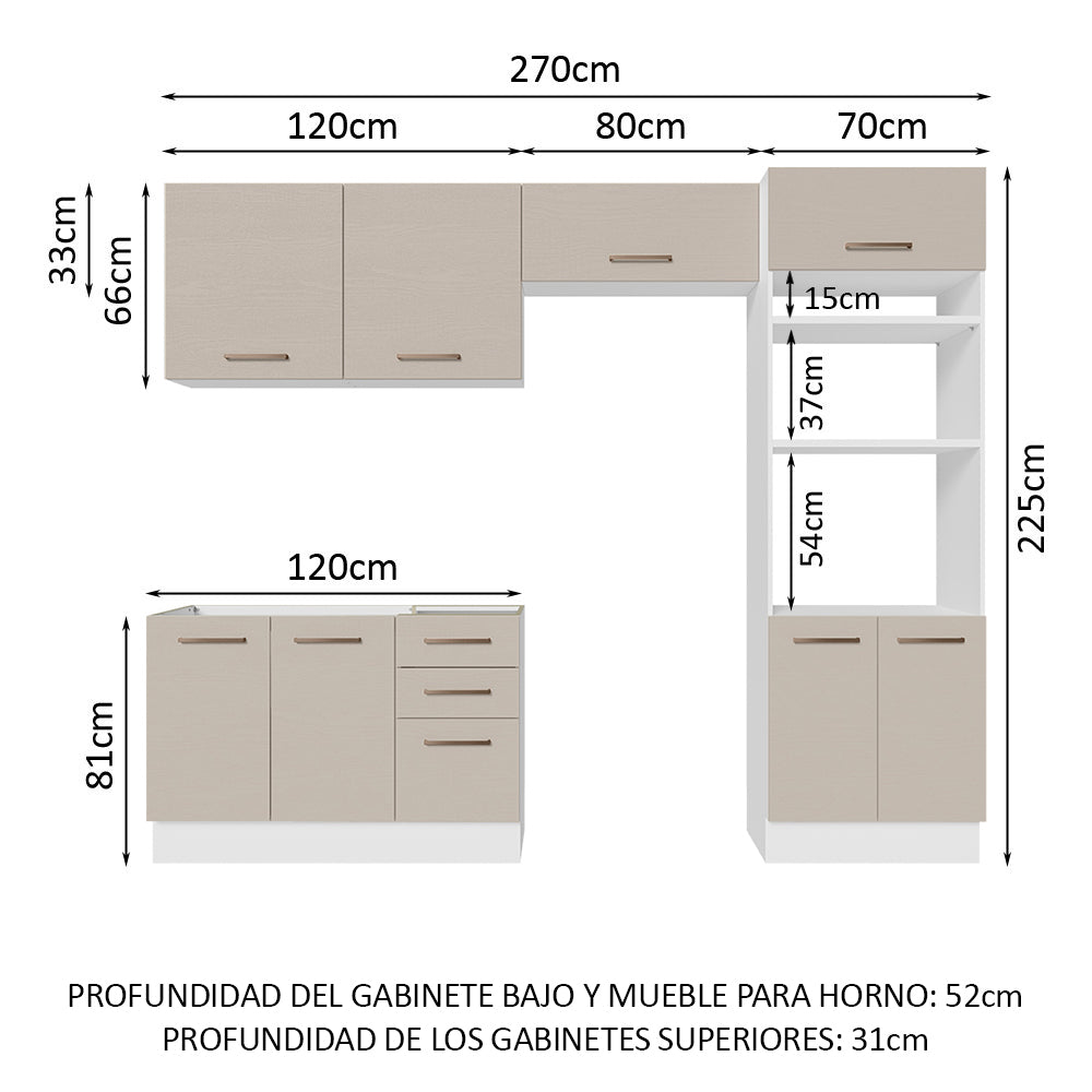 Combo completo de Cocina 270 cm 8 Puertas 3 Cajones Sin Mesada Blanco/Crema Agata Madesa 08
