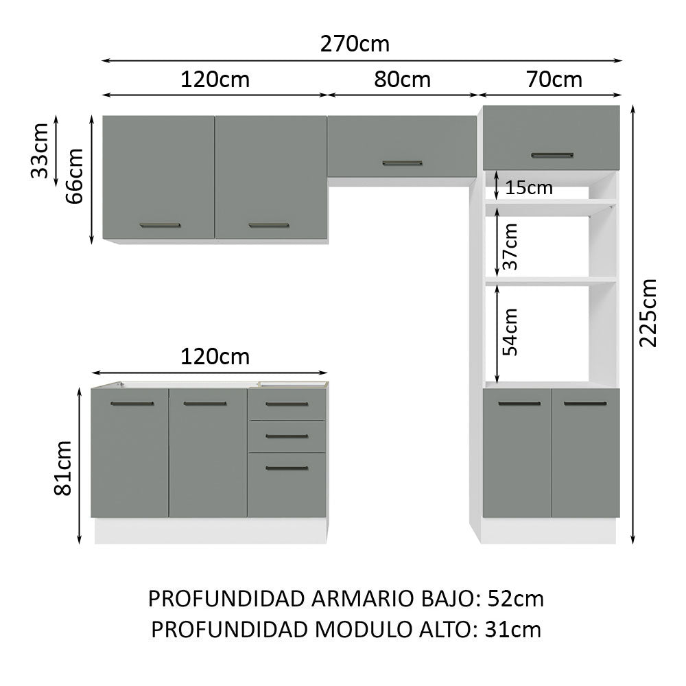 Combo completo de Cocina 270 cm 8 Puertas 3 Cajones Sin Mesada Blanco/Gris Agata Madesa 08