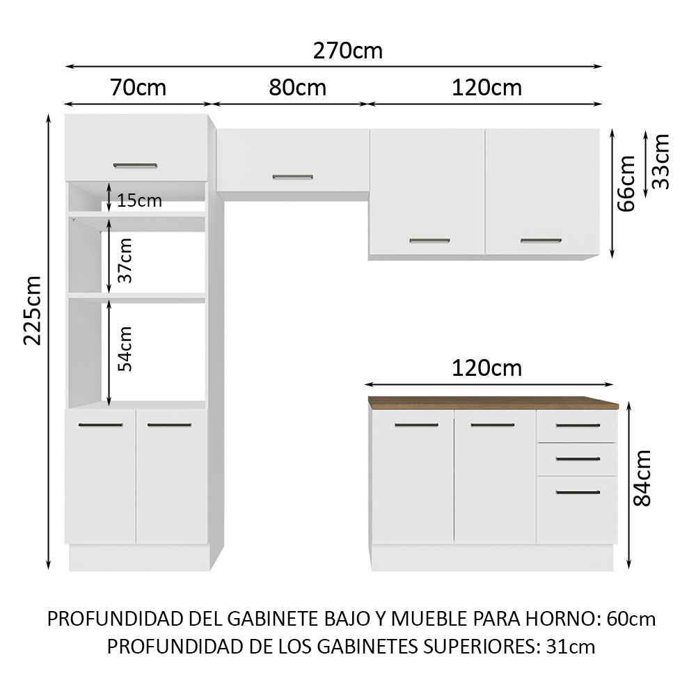 Combo completo de Cocina 270cm Blanco/Marrón 60cm de fondo Agata Madesa 09