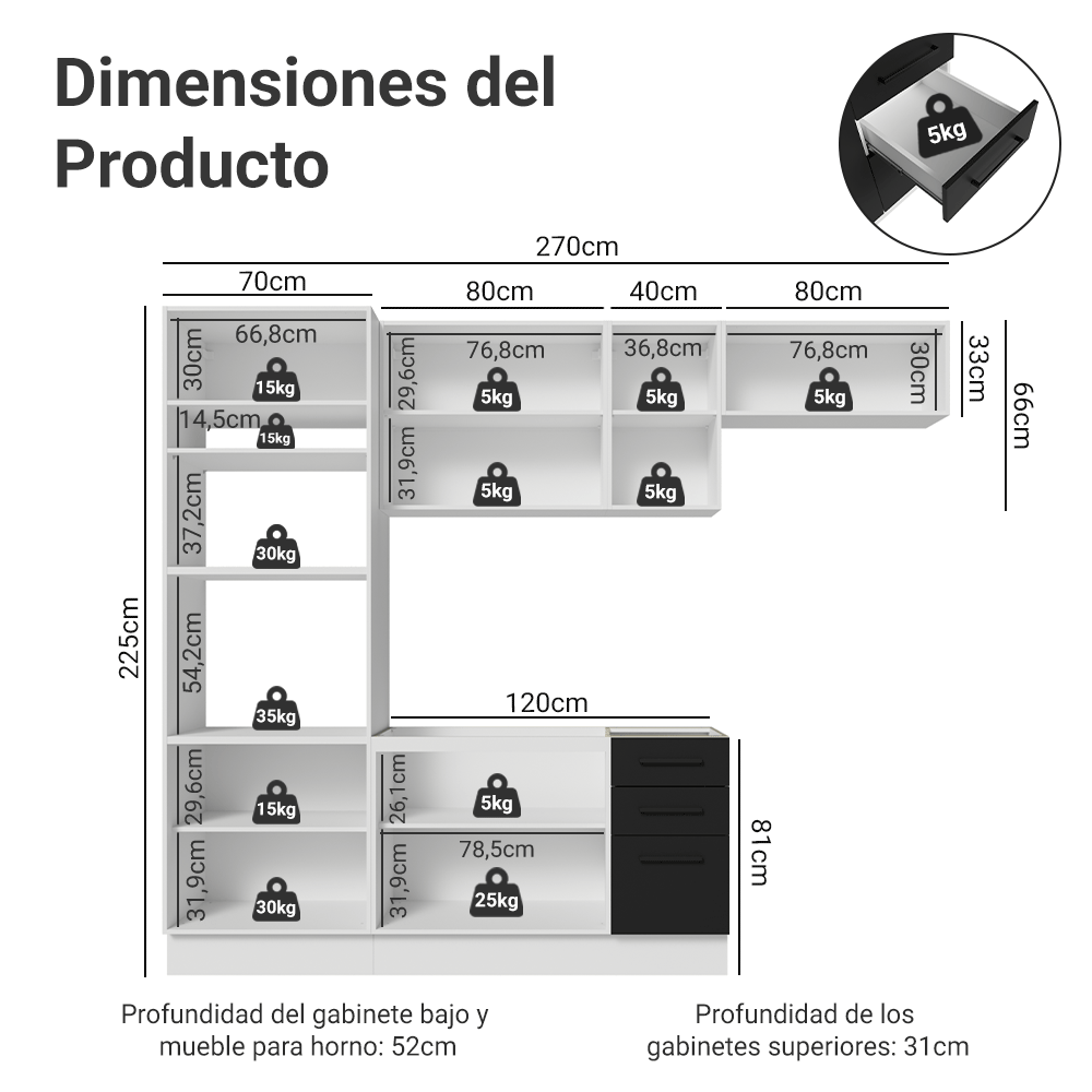 Combo completo de Cocina 270 cm Blanco/Negro Agata Madesa