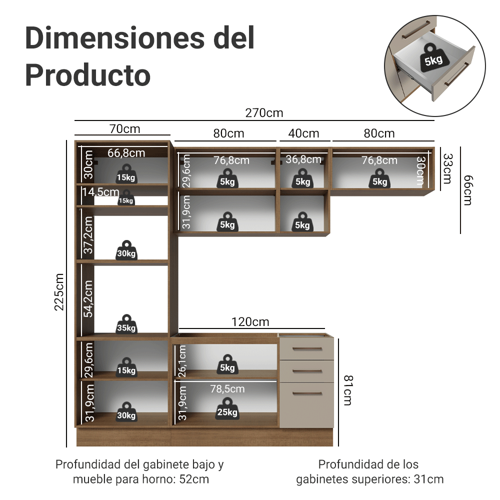 Combo completo de Cocina 270 cm Marrón/Crema Agata Madesa