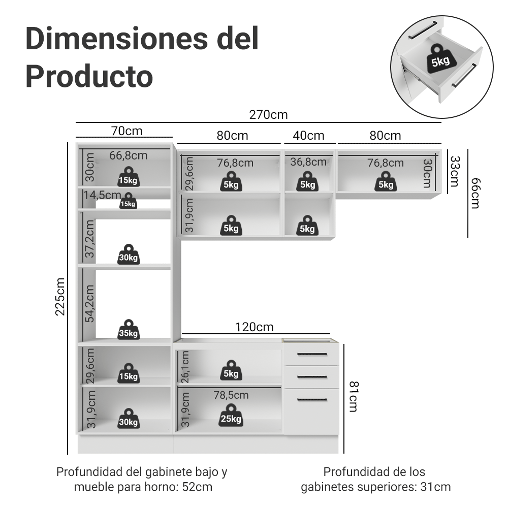 Combo completo de Cocina 270 cm Blanco Agata Madesa