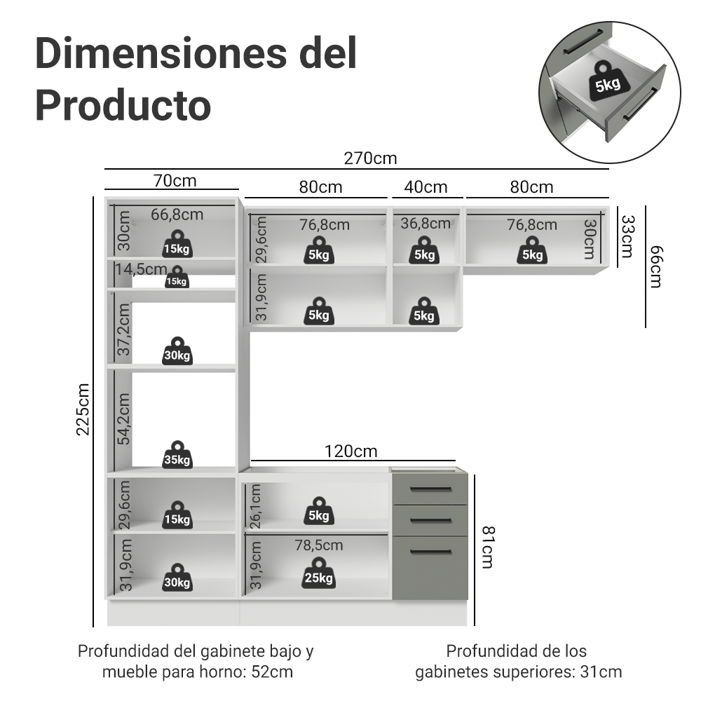 Combo completo de Cocina 270 cm Blanco/Gris Agata Madesa