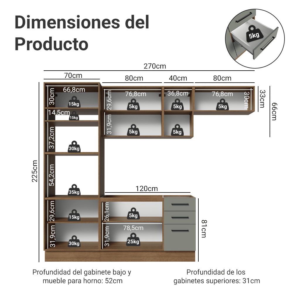 Combo completo de Cocina 270 cm Marrón/Gris Agata Madesa
