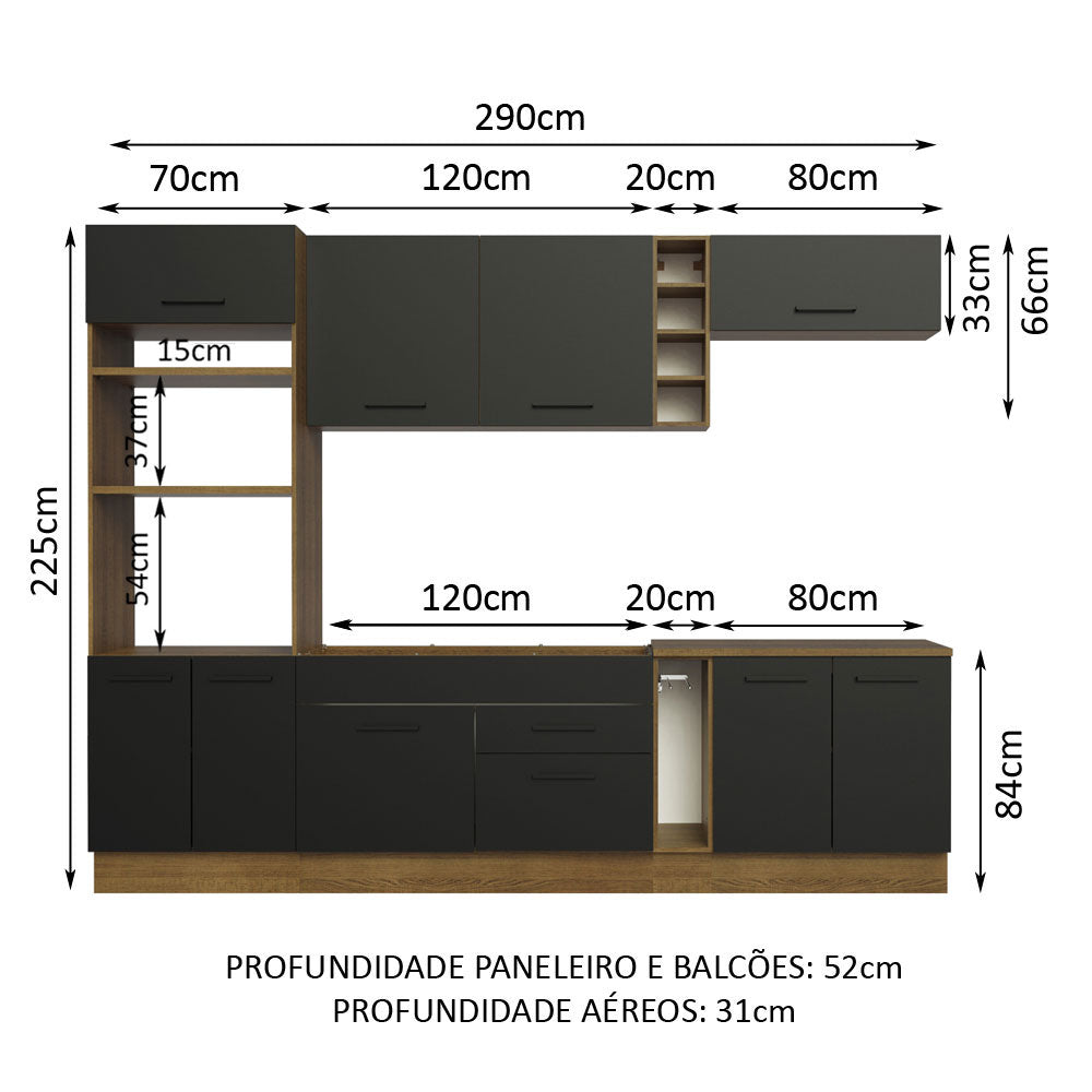 Combo completo de Cocina 290 cm 9 Puertas 2 Cajones Sin Mesada Marrón/Negro Agata Madesa