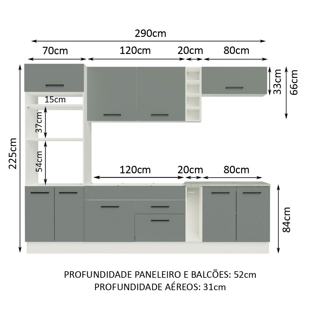 Combo completo de Cocina 290 cm 9 Puertas 2 Cajones Sin Mesada Blanco/Gris Agata Madesa