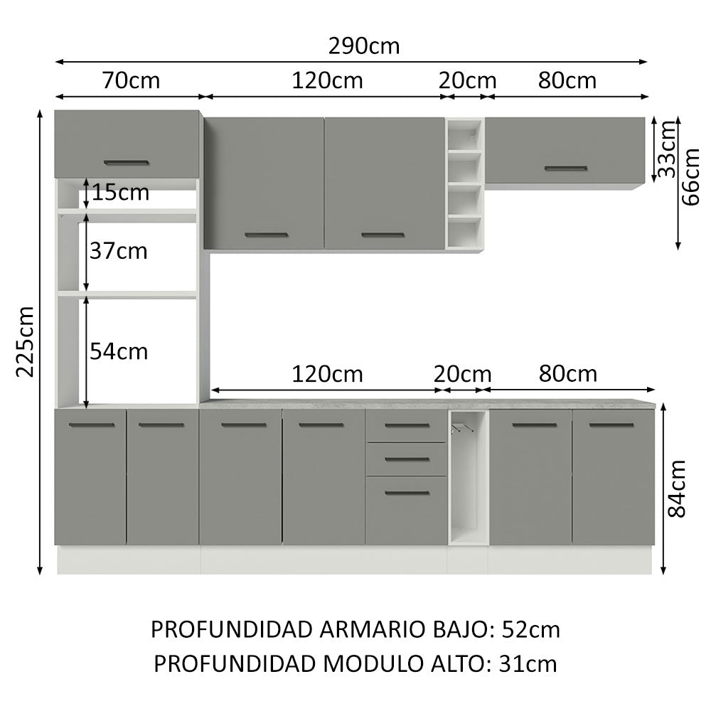 Combo completo de Cocina 290 cm 10 Puertas 3 Cajones Sin Mesada Blanco/Gris Agata Madesa