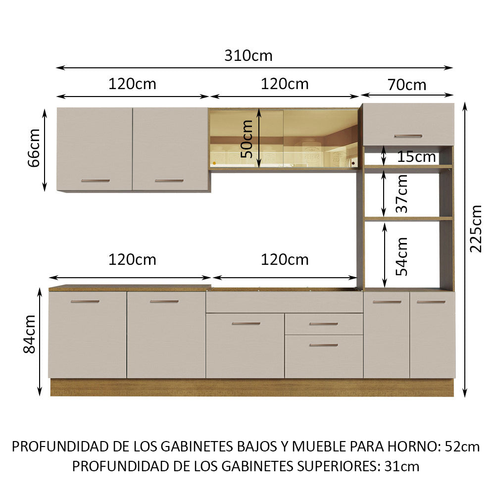 Combo completo de Cocina 310 cm 10 Puertas 2 Cajones Sin Mesada Marrón/Crema Agata Madesa