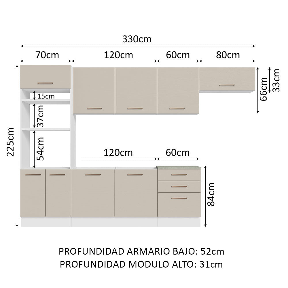 Combo completo de Cocina 330 cm 9 Puertas 3 Cajones Sin Mesada Blanco/Crema Agata Madesa