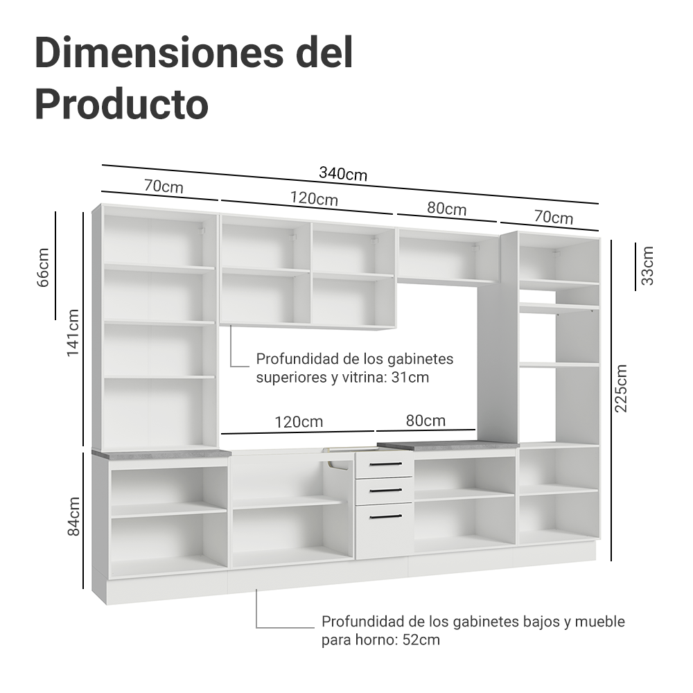 Combo completo de Cocina 340 cm 14 Puertas 3 Cajones con Cristalero Sin Mesada Blanco Agata Madesa