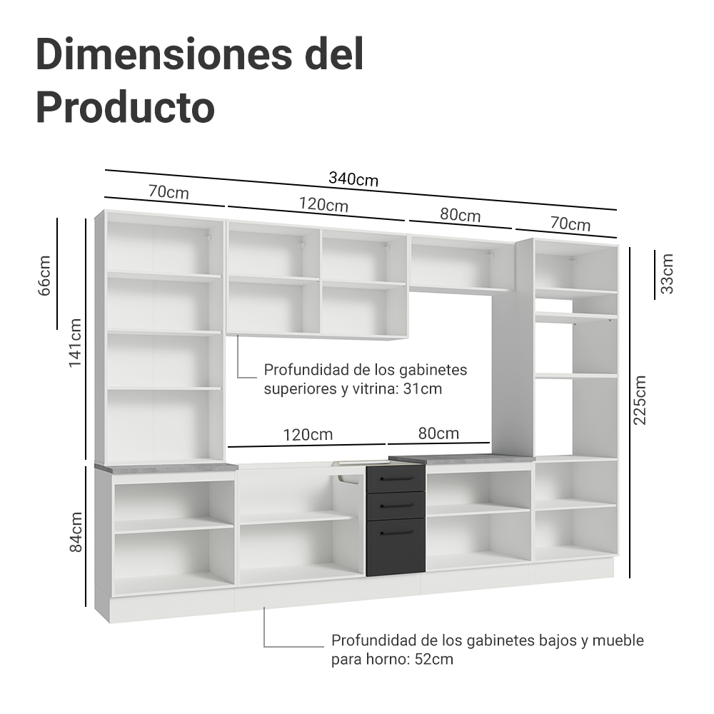 Combo completo de Cocina con Cristalero 340 cm Madesa Agata BN 01