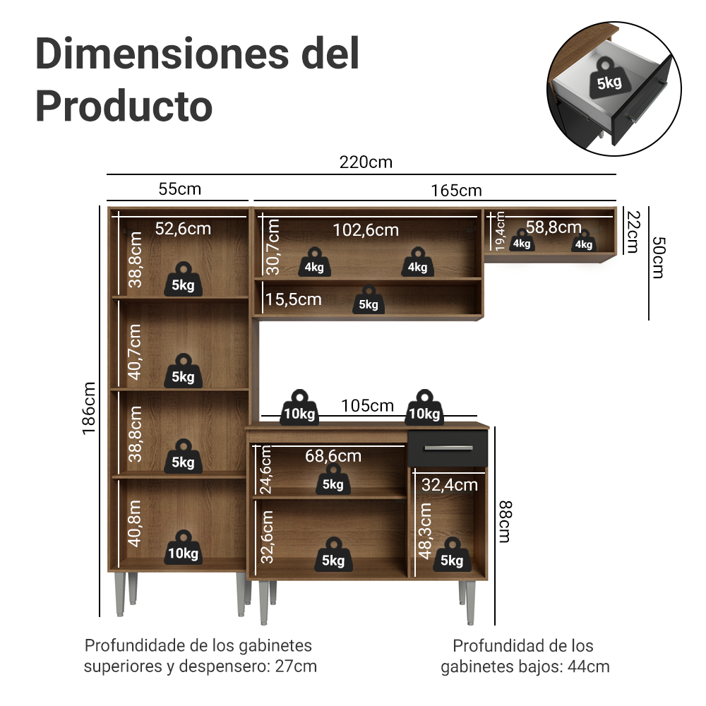 Combo completo de Cocina 220 cm Marrón/Negro Deli Madesa 02