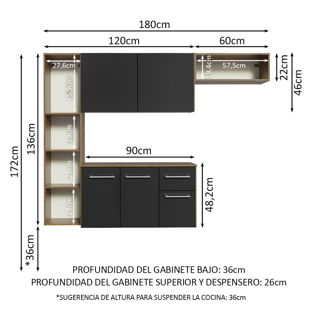 Cocina Compacta 180 cm 5 Puertas 1 Cajón Marrón/Negro Easy Madesa