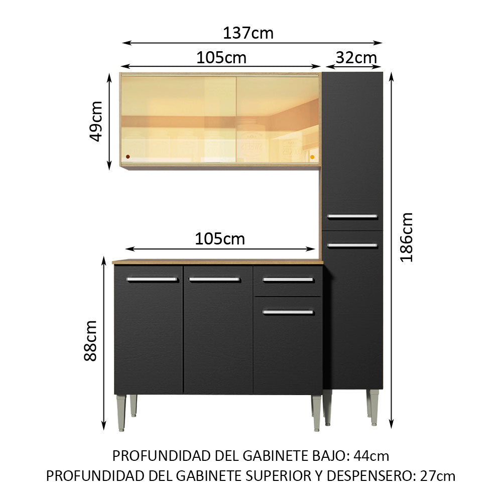 Cocina Compacta 137 cm 7 Puertas 1 Cajón Marrón/Negro Emilly Madesa