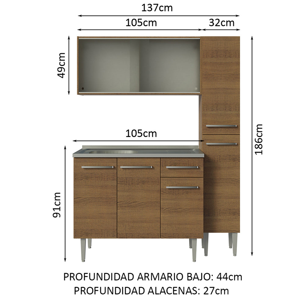 Combo completo de Cocina 137 cm con Bacha de acero, Marrón Emilly 07