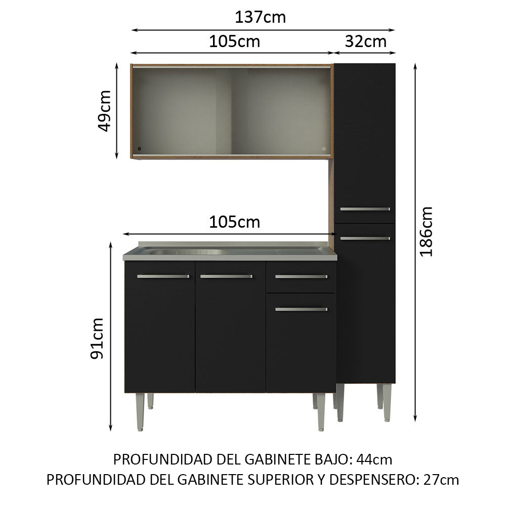 Cocina Compacta 137 cm 7 Puertas 1 Cajón con Bacha de Acero Inoxidable Marrón/Negro Emilly Madesa