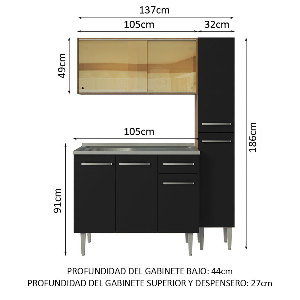 Combo completo de Cocina 137 cm con Bacha de acero, Marrón/Negro, Emilly 08