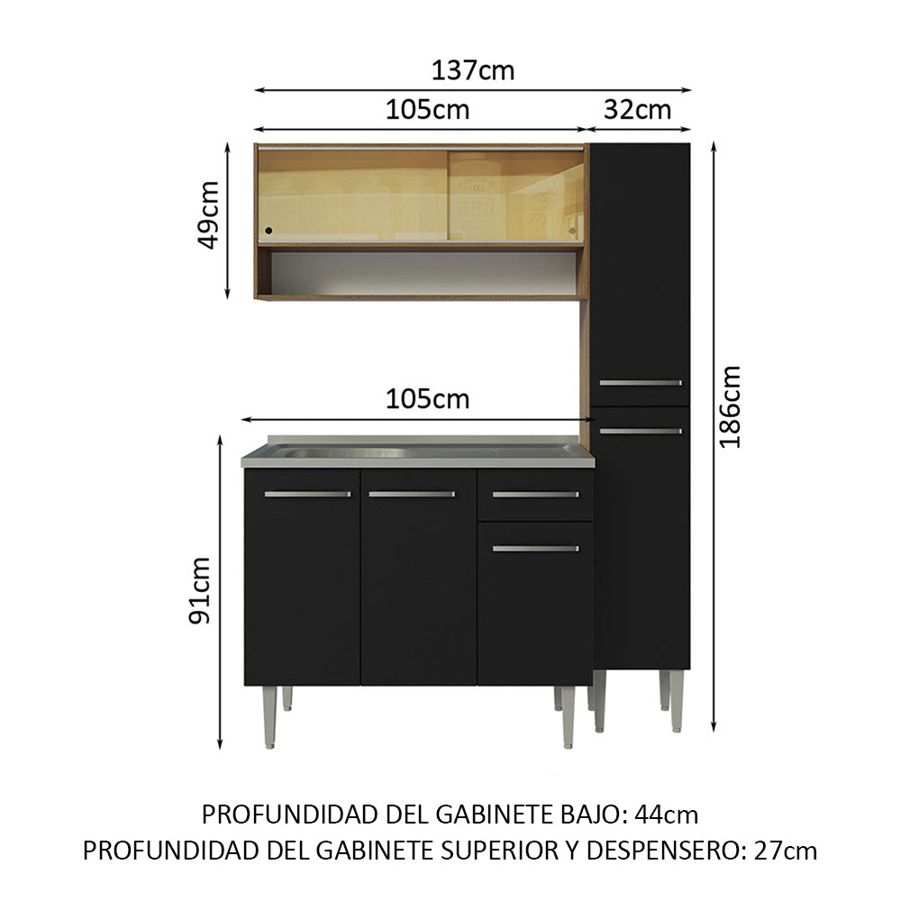 Combo completo de Cocina 137 cm con Bacha de acero, Marrón/Negro, Emilly 10