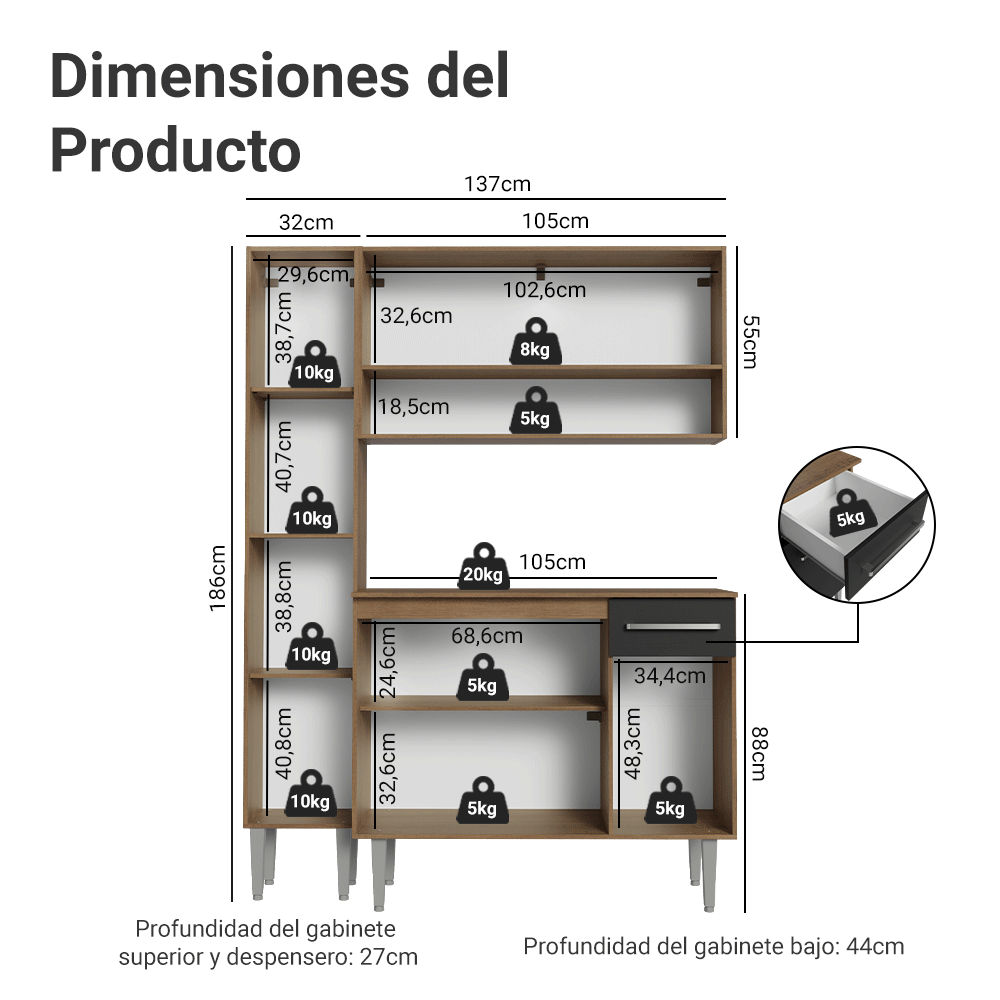 Cocina Compacta 137 cm Emilly Marrón/Negro 011