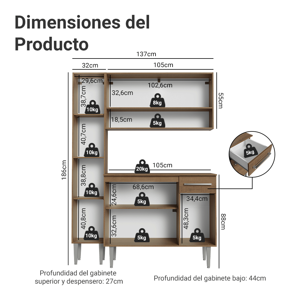 Cocina Compacta 137 cm Emilly Marrón/Gris 011