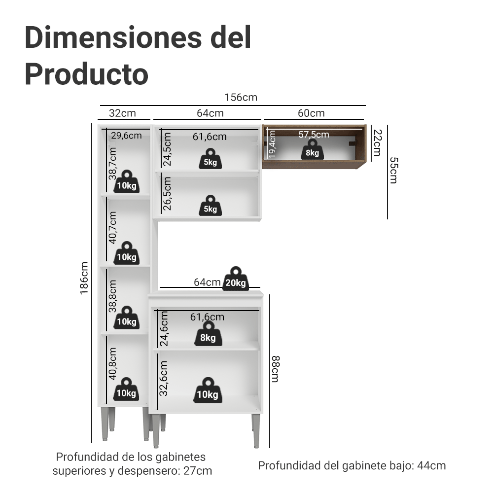 Cocina Compacta 156 cm Emilly Blanco/Marrón 01