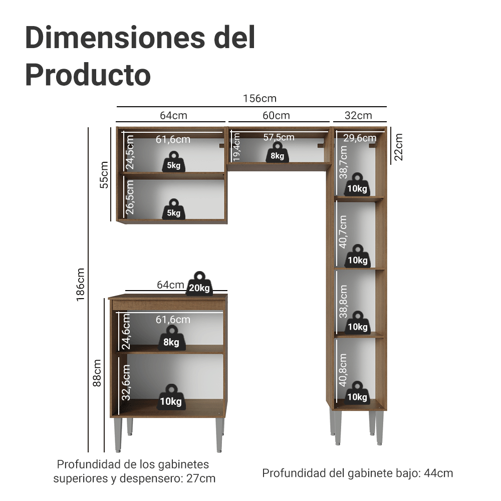 Cocina Compacta 156 cm Emilly Marrón/Negro 02