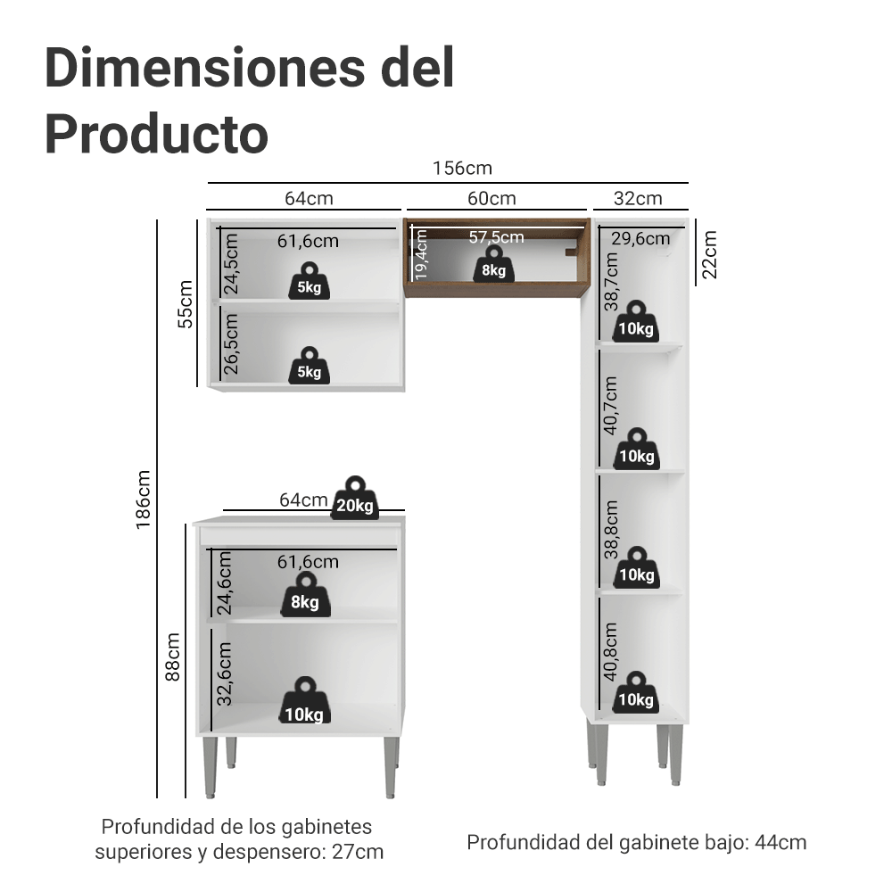 Cocina Compacta 156 cm Emilly Blanco/Marrón 02