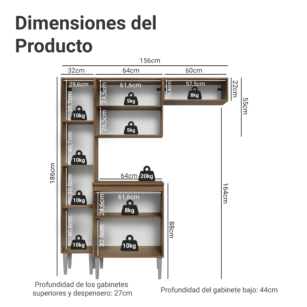 Cocina Compacta 156 cm Emilly Marrón/Negro 03
