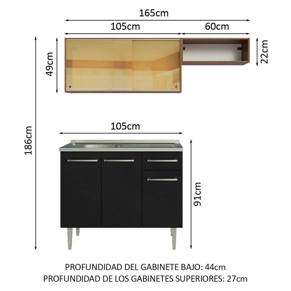Combo de Cocina 165 cm con Bacha Emilly Marrón/Negro 06
