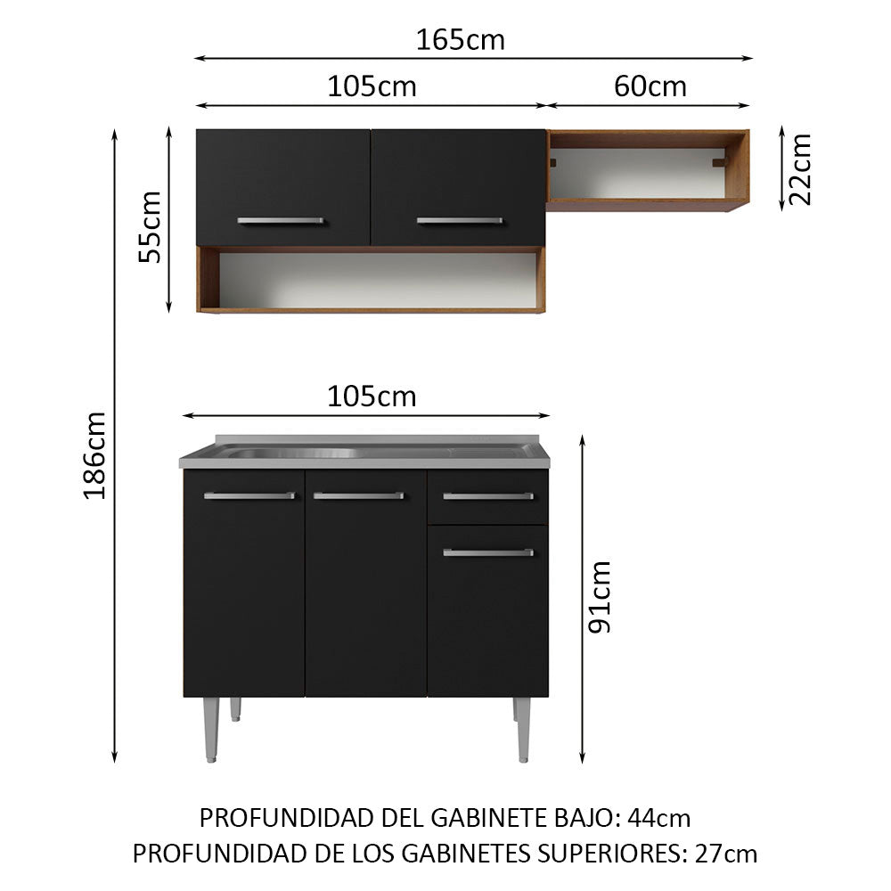 Cocina Compacta 165 cm 5 Puertas 1 Cajón con Bacha de Acero Inoxidable Marrón/Negro Emilly Madesa