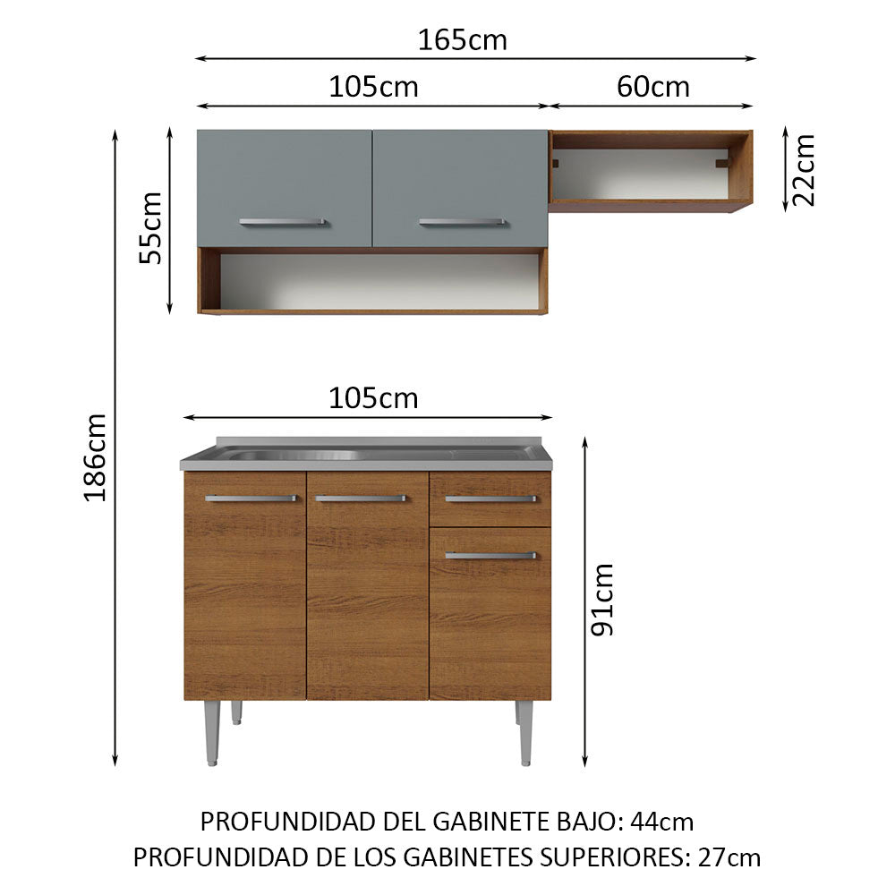 Cocina Compacta con Bacha 165 cm Emilly Marrón/Gris 09