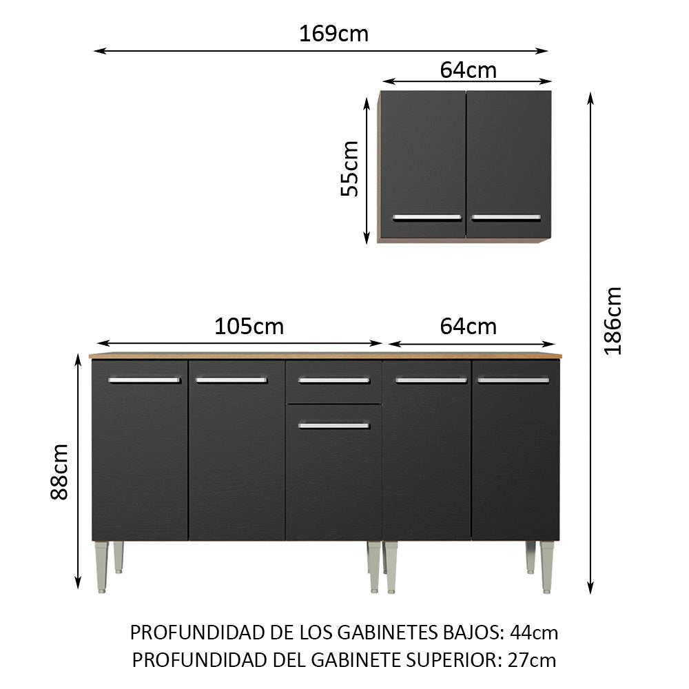 Combo de Cocina 169cm Marrón/Negro Emilly Free Madesa 01