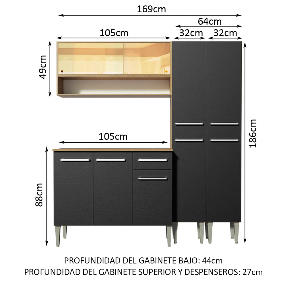 Combo de Cocina 169cm Marrón/Negro Emilly Winter Madesa 08