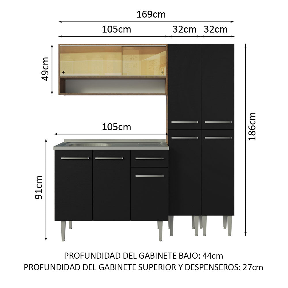 Cocina Compacta 169 cm 9 Puertas 1 Cajón con Bacha de Acero Inoxidable Marrón/Negro Emilly Madesa 14